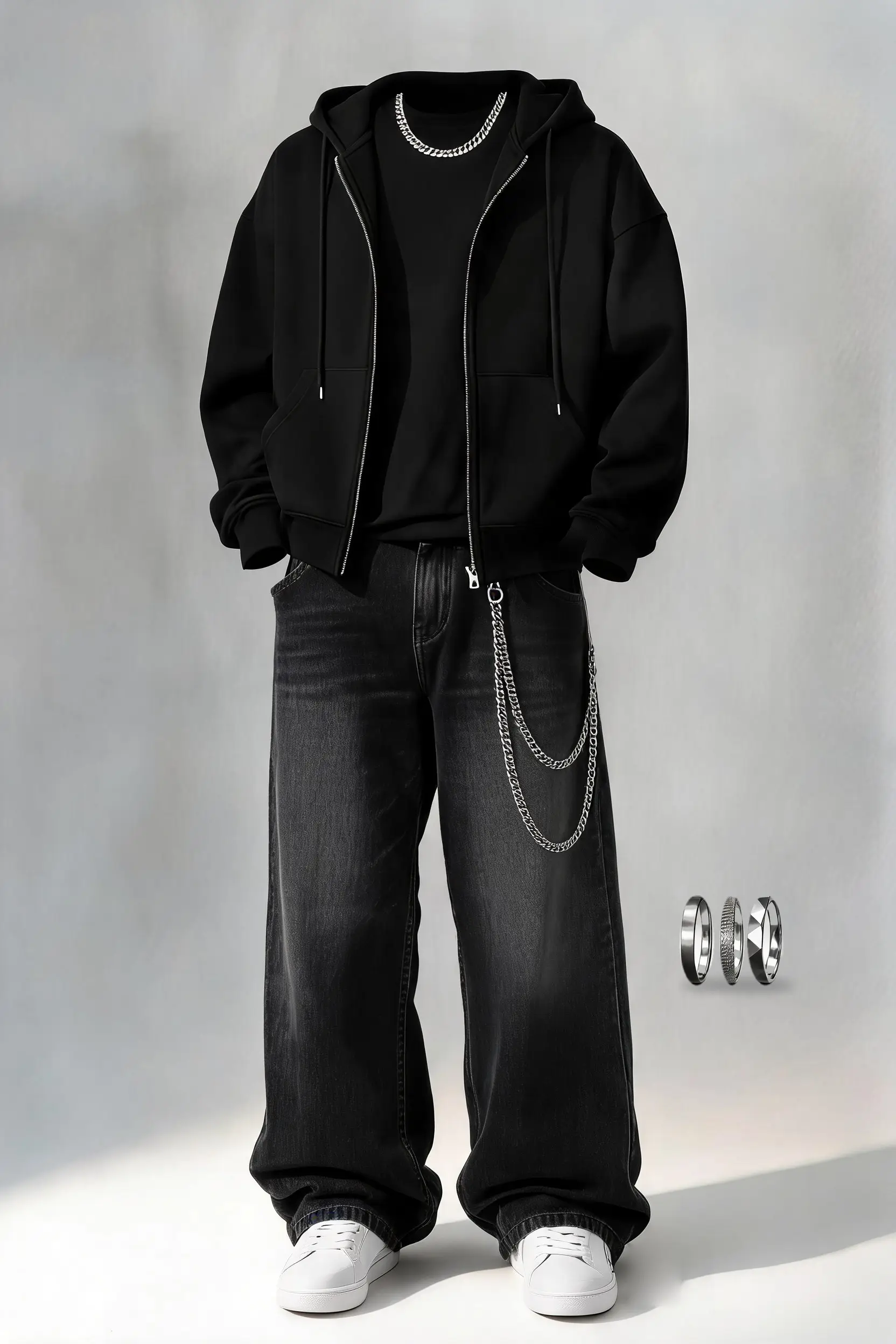 Illustration of the all-black zip hoodie fit with silver chains