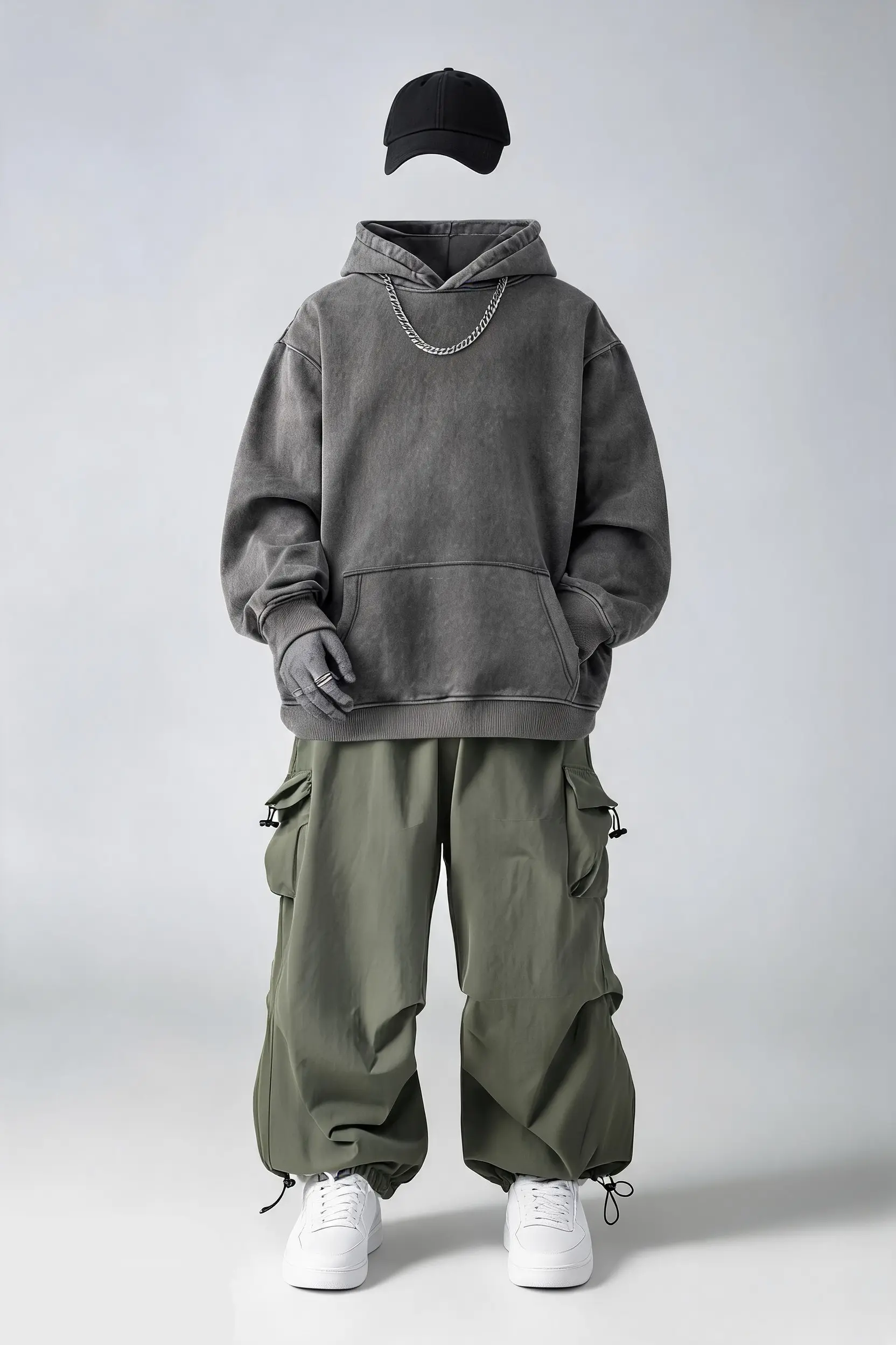 Illustration of the baggy cargo fit with a cap and silver chain on a white mannequin