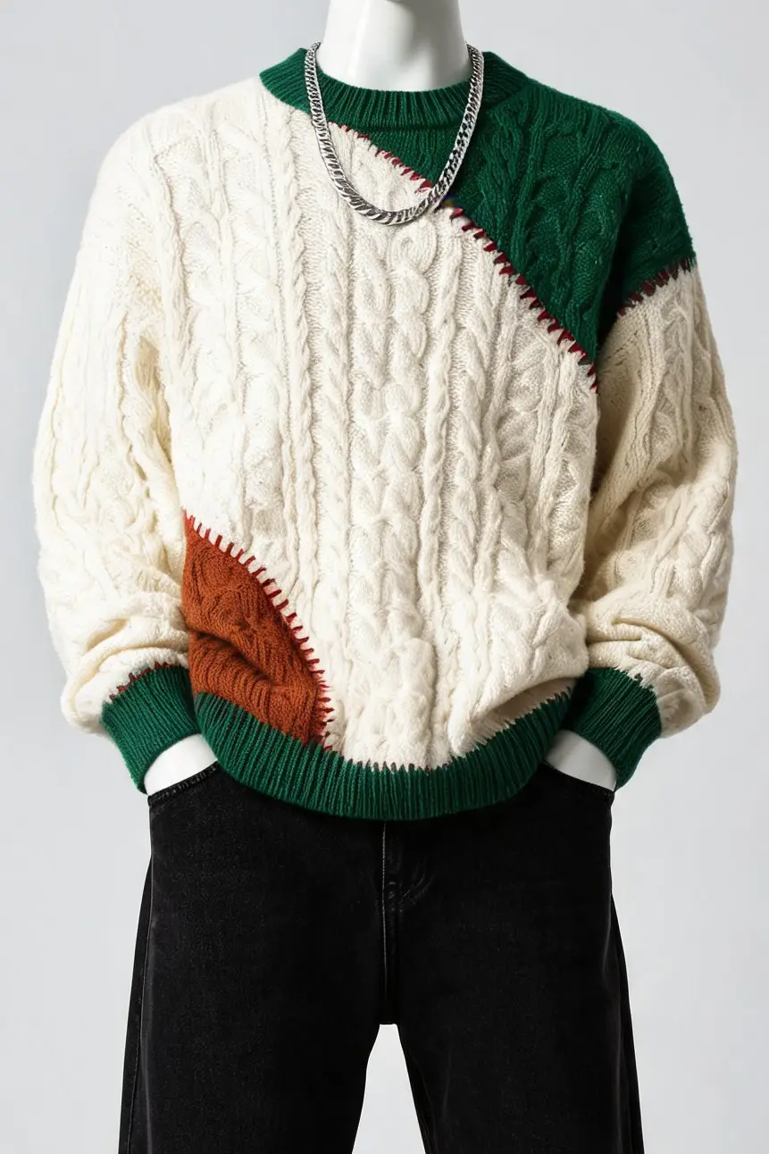 GURUNVANI colour-block patchwork cable-knit sweater
