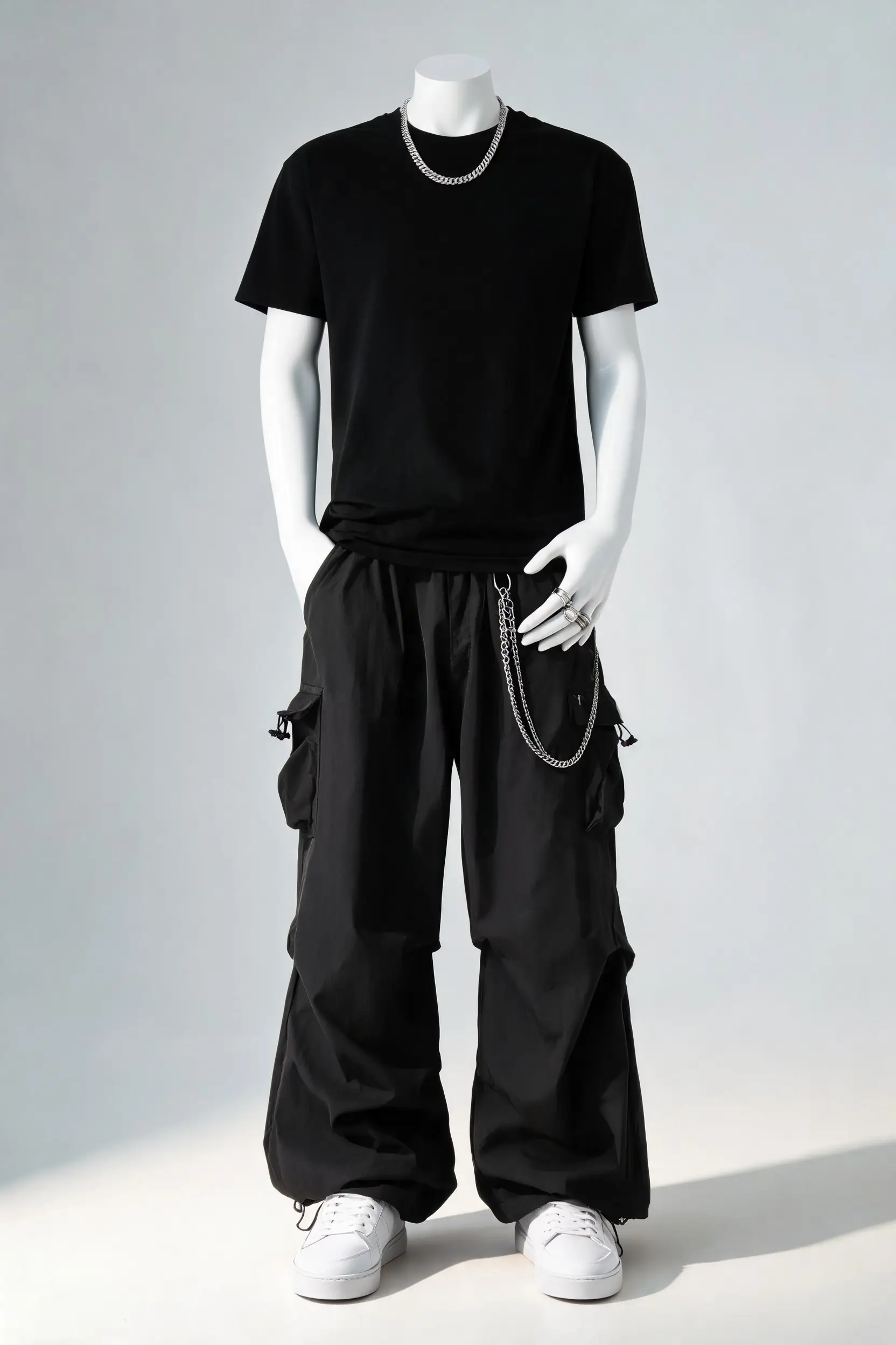 Monochrome cargo fit with silver chains outfit