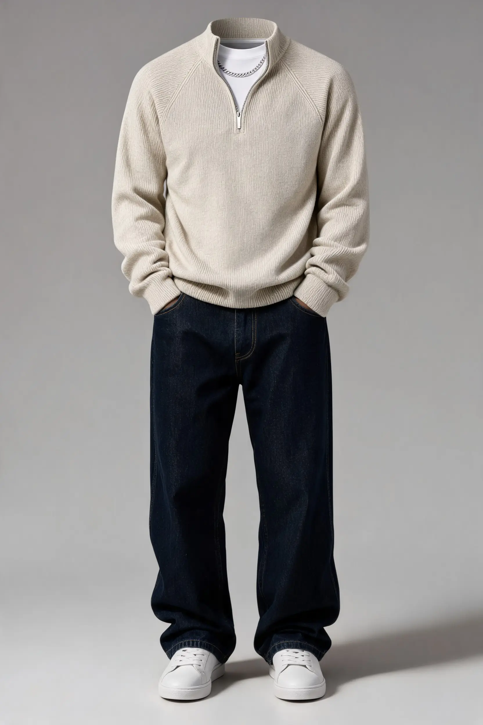 Illustration of the quarter zip fit with dark jeans and a silver chain